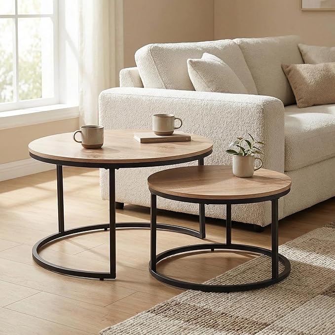 CENSI Round Nesting Coffee Table Set of 2, 31.5" Natural Oak Wood & Metal Frame, Modern Industrial Stacking Center Tables for Living Room, Scandi Boho Decor, Sturdy Circle Accent Furniture