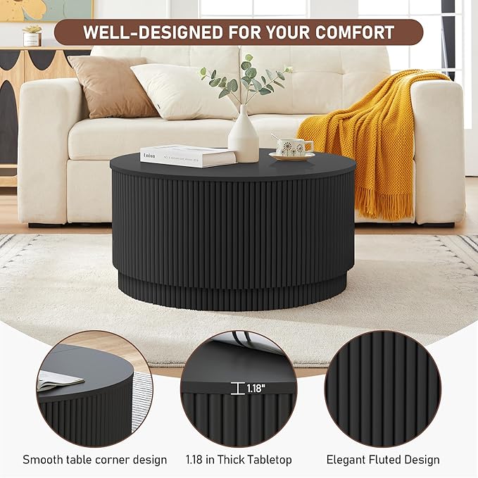 31.5" Round Coffee Table with Storage, Modern Accent Coffee Tables with Fluted Base, Wooden Circle Center Table for Living Room Small Space Apartment Office (Black)