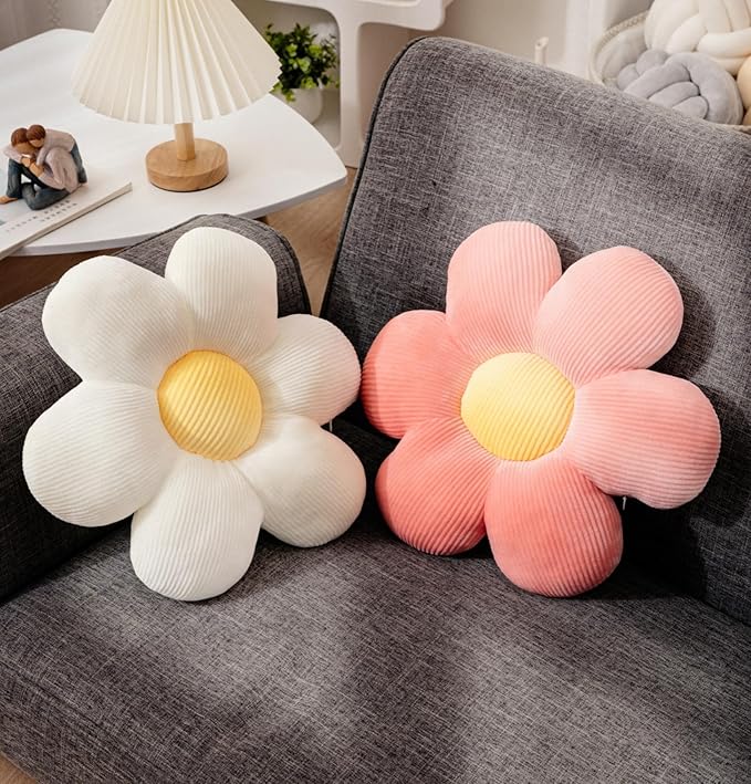 2Pcs Flower Pillow Preppy Cute Throw Pillows for Girls Aesthetic Room Decor Bedding, 15.35" Daisy Shaped Pink Floral Throw Pillow Decorative Cushion for Bedroom Sofa Couch Classroom