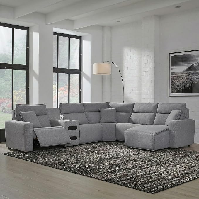 Signature Design by Ashley ModMax II Stain Resistant Contemporary U-Shaped 6-Piece Power Reclining Sectional Chaise and Audio Console, Adjustable Headrest, USB Ports, Storage and Cup Holders, Gray