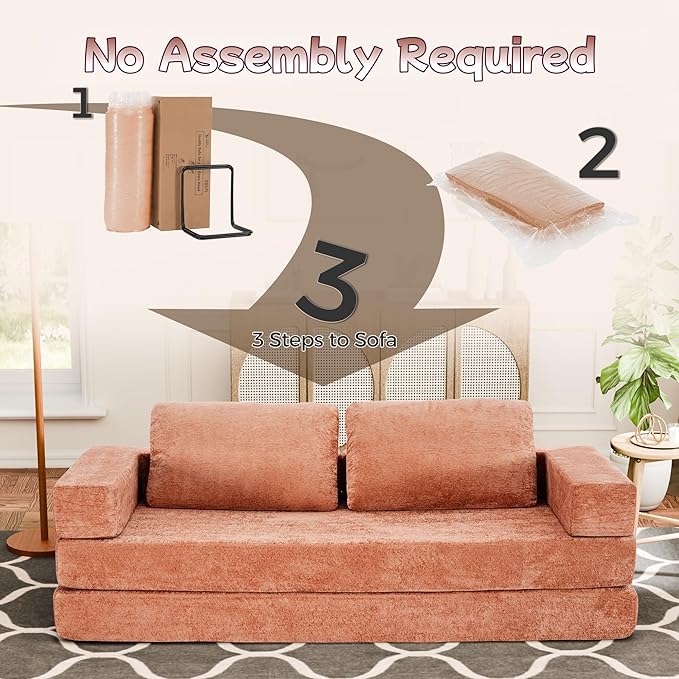 Convertible Sofa Bed, 4-in-1 DIY Combination Boneless Sleeper Sofa Bed with Pillows, Comfy Modular Couch with Fixed-Shape Frame, Chenille Convertible Lounge Couch for Living Room, Orange