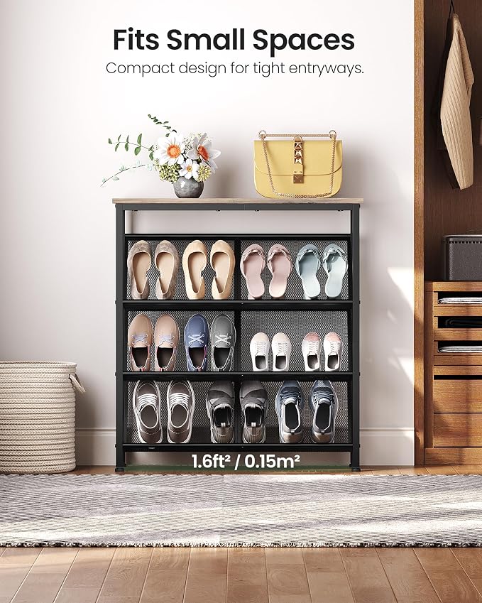 CHOEZON Shoe Rack, 4-Tier Slanted Shoe Storage Shelf, Narrow Shoe Rack for Entryway, Shoe Organizer with Adjustable Feet, Slim Shoe Shelf with Wooden Top and Metal Frame, Greige and Black TXJ75BG - Image 5