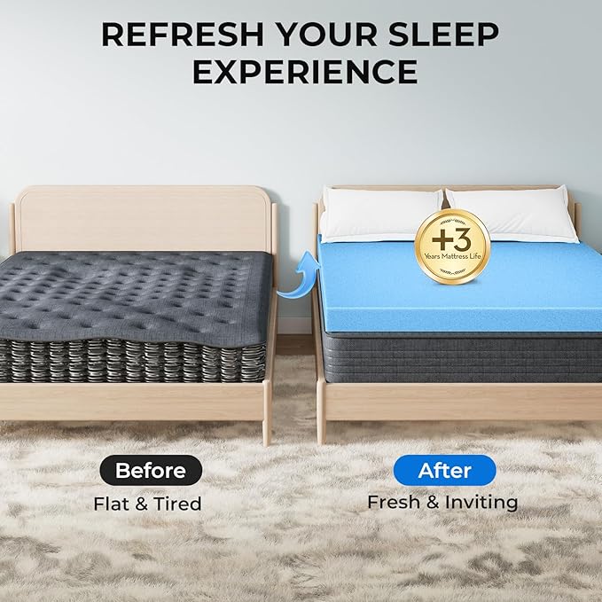 OhGeni Memory Foam Mattress Topper Pad, Soft Bed Cover with Anti-Slip Base, Size Queen, Style 2 Inch with Cover