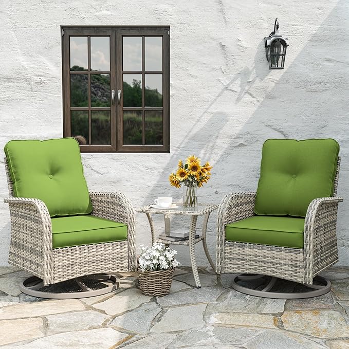 6-Piece Patio Rocking Swivel Chair Outdoor Wicker Rattan Bistro Set with Tempered Glass Side Table, Outdoor Patio Furniture Set for Garden, Deck, and Balcony, Avocado Green
