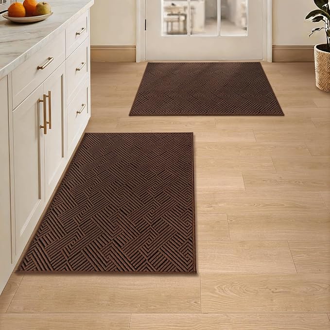 YIHOUSE Dirt Trapper Door Mat Set of 2, Non-Slip Washable Entrance Mat, Dirt Resistant and Absorbent Welcome Mat, Low Profile Floor Mat for Front/Back Door, Entryway, 24"x36" + 32"x47", Brown by YIHOUSE