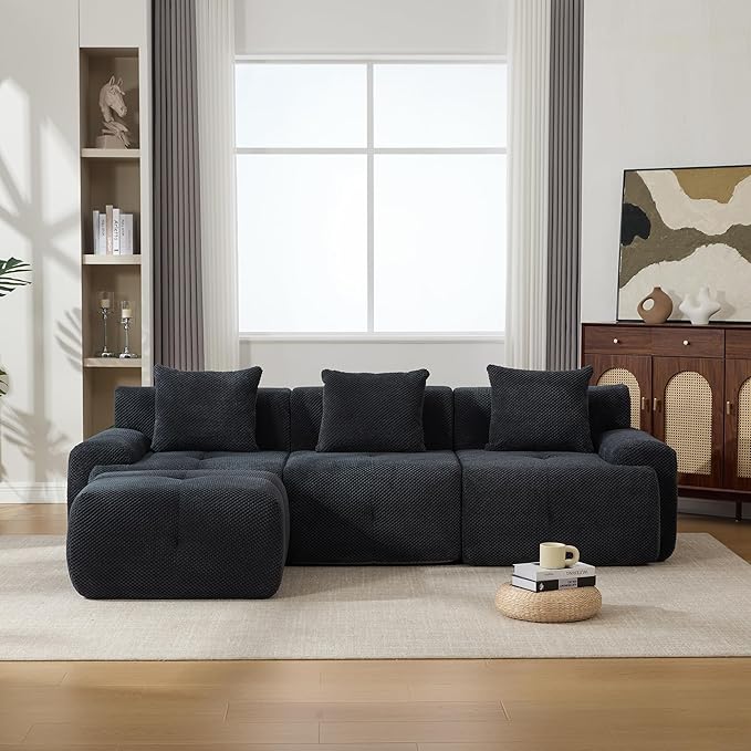 104" L-Shaped Compressed Sectional Cloud Sofa, Flannel Upholstered Modular Tufted Sofa with 4 Pieces, Modern Floor Boneless Foam Modular Cloud Couches for Living Room