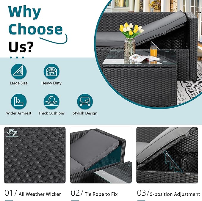 SUNLEI 3-Piece Patio Sectional Sofa, Outdoor PE Rattan Patio Conversation Sofa Set with Detachable Soft Cushions, Patio Furniture Set with Glass Coffee Table & Ottoman, Black Rattan/Grey