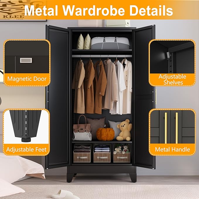Ckzbx 71" H Metal Armoire Wardrobe Closet with Mirror,Adjustable Shelve, Clothes Drying Pole, Steel Wardrobe Cabinet for Bedroom (Black)