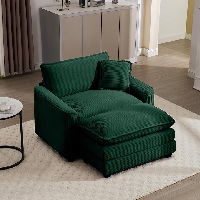 KEIKI 45" Oversized Corduroy Modular Sectional Single Sofa with 1 Ottoman, High-Density Foam Cushions, Removable Armrest, Upholstered 1-Seater Lounge Accent Chair with 1 Pillow, for Living Room, Green
