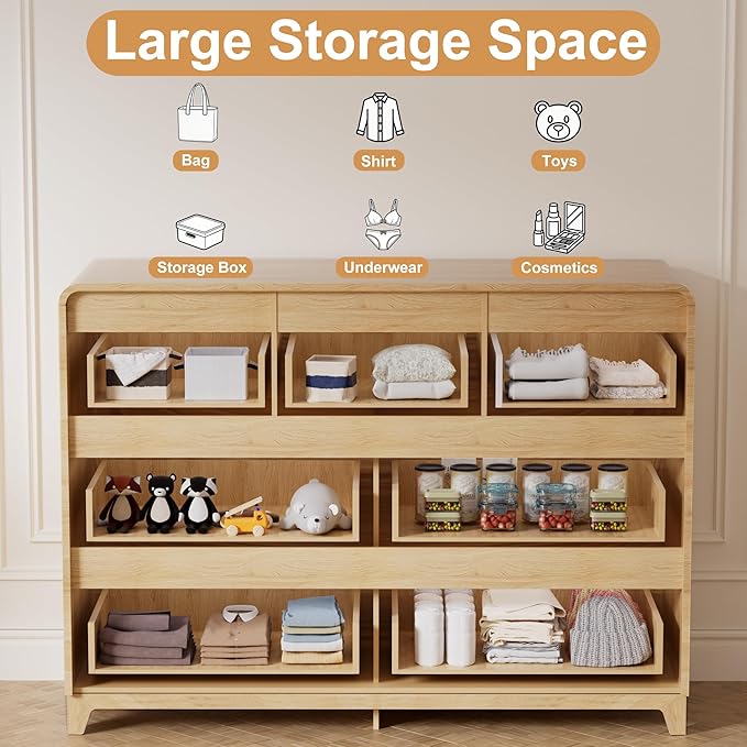 3 Piece Bedroom Furniture Set 7 Drawer Fluted Dresser & 2 Nightstand Sets with Metal Handle, Charging Station & Storage Cabinet, Modern Design for Bedroom/Living Room, Natural