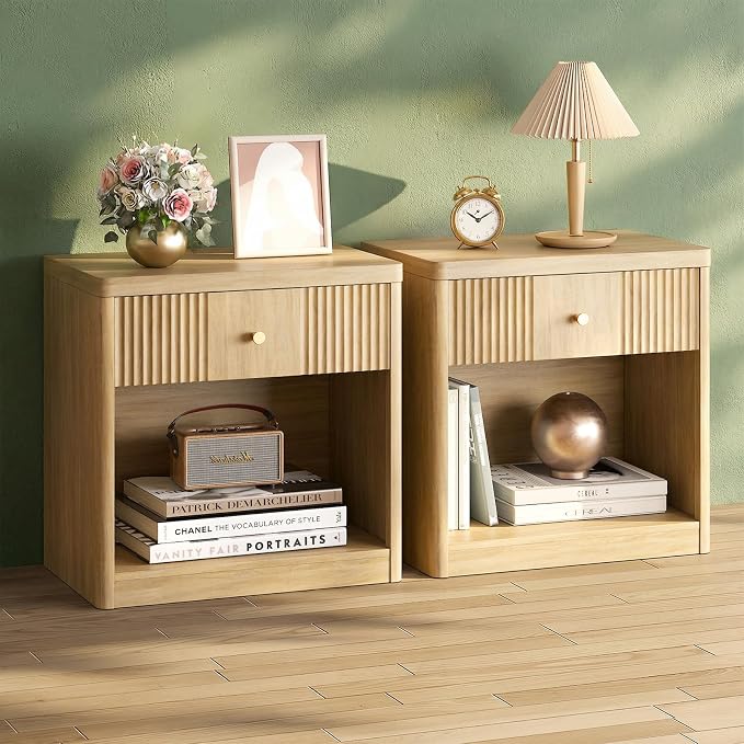 Night Stand Set of 2 Nightstands with Drawer, Large Modern Fluted Bedside Table End Table with Storage for Bedroom, Sofa, Office, Natural Oak by MEMOBARCO