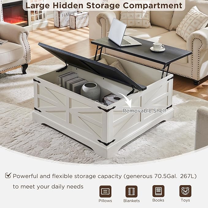 JXQTLINGMU 36" Farmhouse Lift Top Coffee Table with Storage, Wood Square Center Table with Large Hidden Compartment, Rustic Lift Tabletop Dining Table for Home Living Room, White