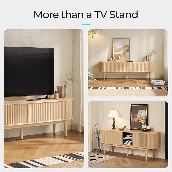 LINSY HOME Fluted TV Stand for 75" TV, Mid-Century Modern 70" Entertainment Center with Sliding Tambour Door and Storage Cabinet, Cruved TV Media Console Table for Living Room, Bedroom, Oak - Image 5