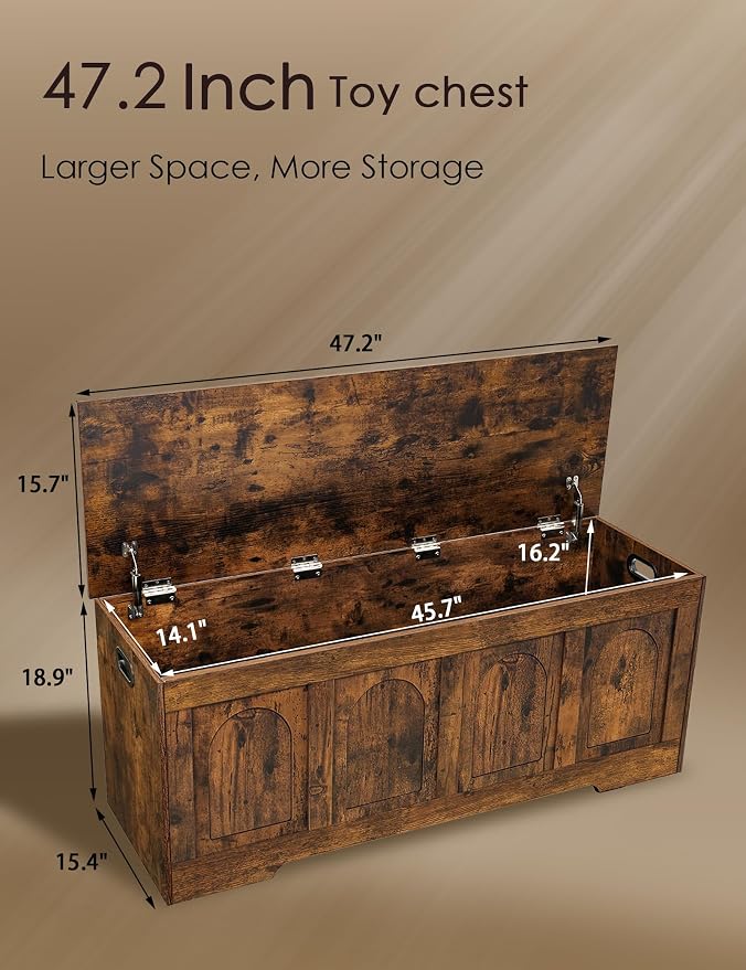 DINZI LVJ Storage Chest, 47.2”Wooden Storage Box with 2 Safety Hinges, Entryway Shoe Bench with Flip-Top, Large Trunk for Living Room, Bedroom, Easy Assembly, Rustic Brown - Image 3