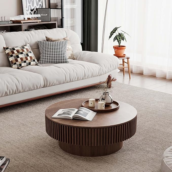 Round Coffee Table with Storage, Modern Wooden Coffee Table with Solid Wood Veneered, Circle Center Table Accent Tea Table for Living Room Apartment Small Space (31.5''L × 31.5''W × 14''H, Walnut)