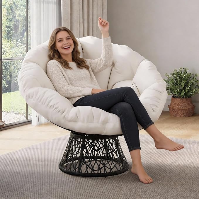 Garvee Papasan Chair, 37" Ergonomic Wicker Papasan Chair with Extra-Thick Soft Fabric Cushion, Heavy-Duty Steel Frame, 360° Swivel Base for Living Room, Bedroom & Reading Nook – White - Black Stand