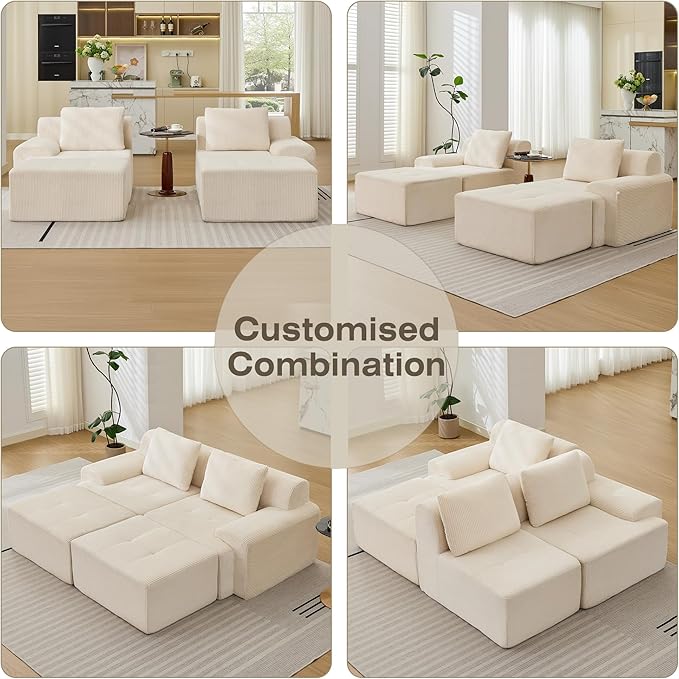 Boneless Couches for Living Room, Corduroy Couch, Modular Sectional Sofa, Big Comfy Couch, Modular Cloud Sofa with Deep Seat, Sofa Bed (White, 4 Pieces-Bedshape)
