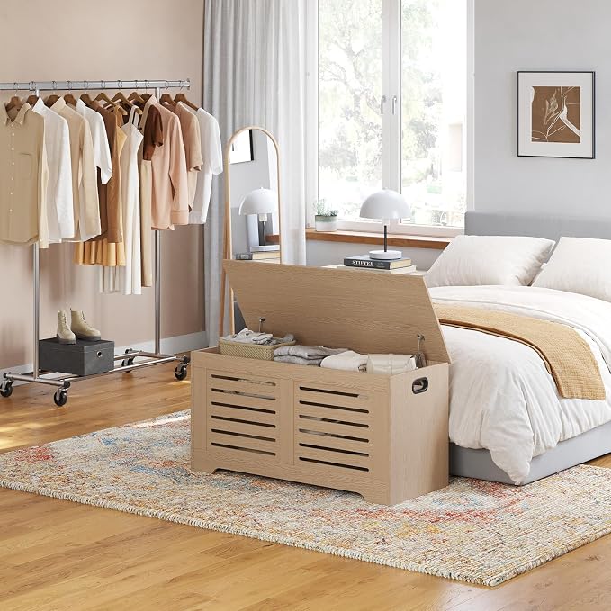 DINZI LVJ Storage Chest, 39.4”Wooden Storage Box with 2 Safety Hinges, Entryway Shoe Bench with Flip-Top, Farmhouse Style Trunk for Living Room, Bedroom, Play Room, Easy Assembly, Natural - Image 7
