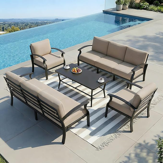 Aluminum Outdoor Patio Furniture Set,8 Seats Patio Conversation Sets with Rectangular Coffee Table,Metal Patio Sectional Furniture Set with 5.1" Thickened Cushions,Sand