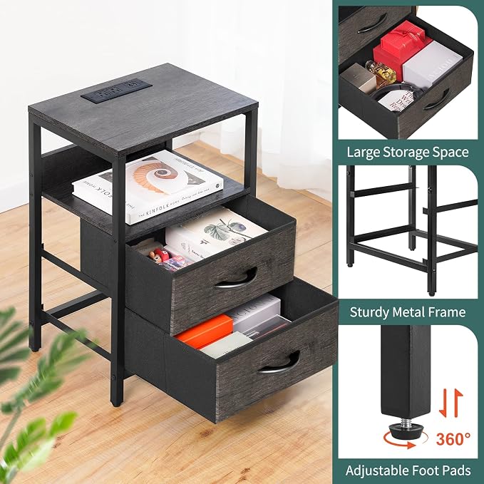 Yoobure Nightstand with Charging Station, LED Night Stand with Fabric Drawers and Storage Shelf for Bedroom, Nightstands Bedside Tables with USB Ports & Outlets, Small Night Stands, Bed Side Table - Image 9