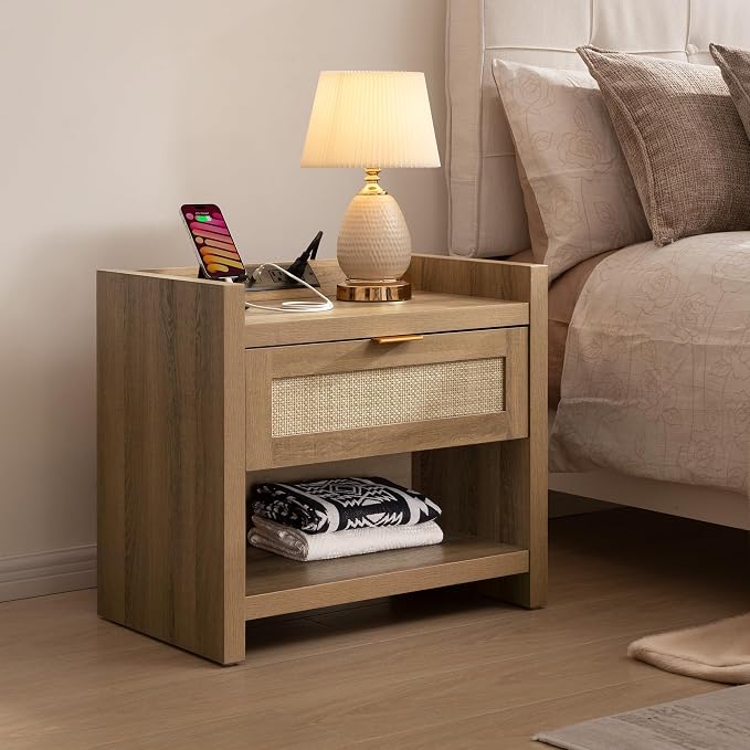 SICOTAS Night Stand Set of 2 Nightstands - Rattan Bed Side Table with Drawer Storage,Type-C Charging Station End Table - Boho Bedside Night Stands for Bedroom - Natural Oak - Image 7
