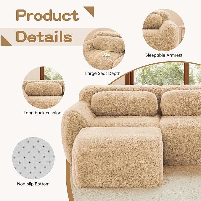 80.4-Inch Boneless Love Seat Couches in a Box, Modern 2 Seat Floor Modular Foam Cloud Sofa Faux Fur Loveseat Couch W/Angle Armrests for Home Apartments Bedroom