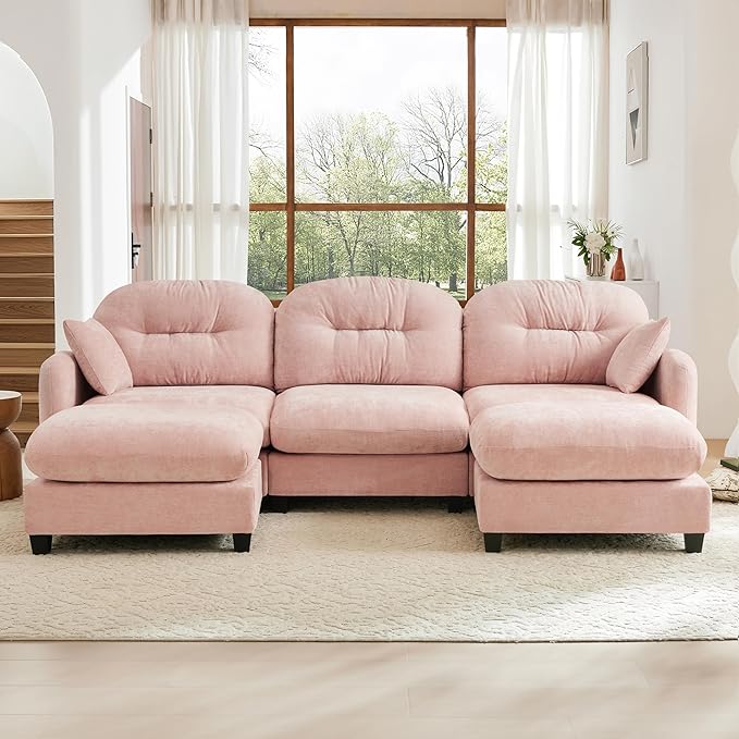 KEIKI 107" U-Shaped Oversized Chenille Modular Sectional Sofa with 2 Ottoman, High-Density Foam Cushions, Tufted Pleated Cushion Backrest, Modern 3-Seater Couch with 2 Pillow, for Living Room, Pink