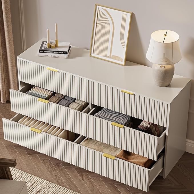 MAISONARIA 3-Piece Dresser Bedroom Set, 6 Drawer Dresser & 3 Drawer Nightstands with Gold Handles, Fluted Wood Chest of Drawers for Bedroom, Living Room, Entryway, Beige