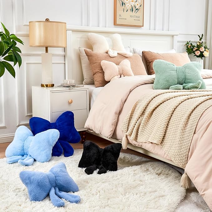XVTRU Beige Bow Pillow, Soft Bow Decorative Pillows with Faux Rabbit Fur, Cute 16" Bow Throw Pillows, Aesthetic Home Decor Bow Shaped Plush Pillow for Bedroom Sofa Couch