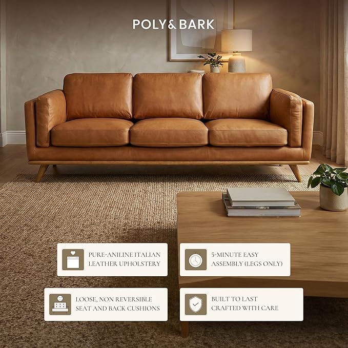 Poly & BARK Cadiz 90" Sofa – Saddle Tan Full-Grain Pure-Aniline Italian Leather, Feather-Down Cushions, Solid Rubberwood Base & Legs - Saddle Tan