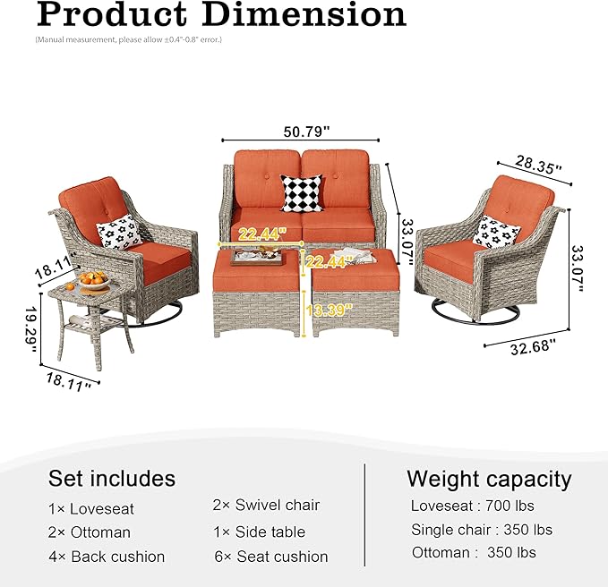 HOOOWOOO 6 Piece Patio Furniture Conversation Sets with Swivel Rocking Chairs,Outdoor Wicker Furniture with Ottoman,All Weather Resistant High Back Rattan Conversational Set(Red)