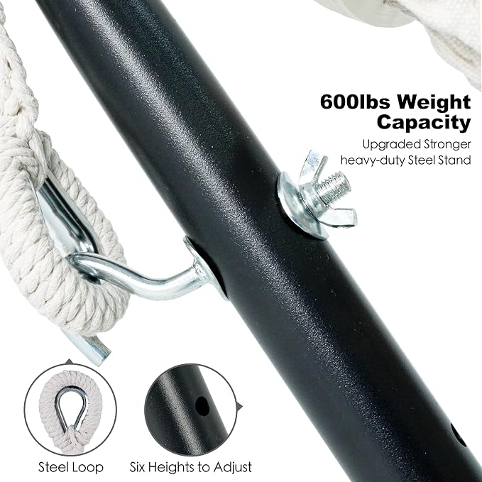 GAFETE Double Hammock with Stand for Outside, Upgraded Spreader Bar, Heavy Duty Space Saving Steel Stand 2 Person, Convenient Pocket, Easy Assembly, 600lbs Weight Capacity, Indoor & Outdoor (Natural - Image 4