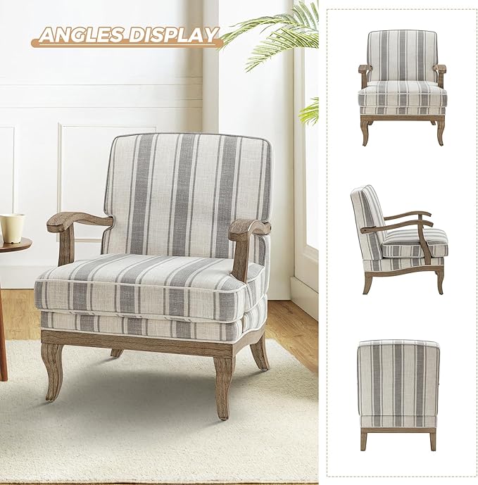 HULALA HOME Mid-Century Modern Chair Set of 2, Upholstered Accent Chair with Graceful Curves and Wooden Legs, Comfy Lounge Armchair Striped Accent Chairs for Living Room, Bedroom, (Grey)