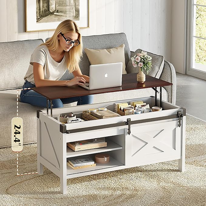 WLIVE Lift Top Coffee Table, 39.4" Farmhouse Coffee Table with Large Hidden Storage Compartment, Sliding Barn Doors, Modern Wood Center Table for Living Room, Office, White