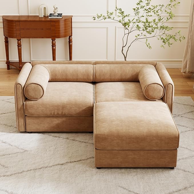 KEIKI 76" Modular Loveseat Chenille Sectional Sofa with Storage Seat and 1 Ottoman, Modern Style 2-Seater Couch with Cylindrical Backrest and Armrests, Easy Assembly, for Apartment, Living Room, Camel