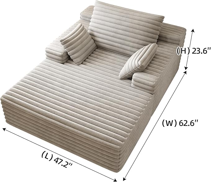62.6" Oversized Chaise Lounge Chair for Bedroom Living Room, Boneless Sofa Couch Sleeper Bed, Memory Foam Cloud Couches with Throw Pillows, No Assembly, Plush Corduroy, Grey