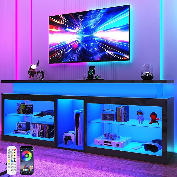 71" LED TV Stand with Power Outlet,60-Colors LED Lights For 65 70 80 in TV,High Gloss Gaming Entertainment Center w/Adjustable Shelves,Black TV Console with Modern Design for Living Room Bedroom by Hlivelood