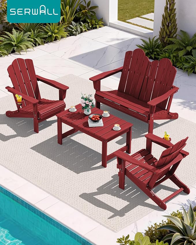 SERWALL Outdoor Coffee Table with 1.69" Umbrella Hole, HDPE Patio Coffee Table for Outside, Rectangle, Red - Image 10