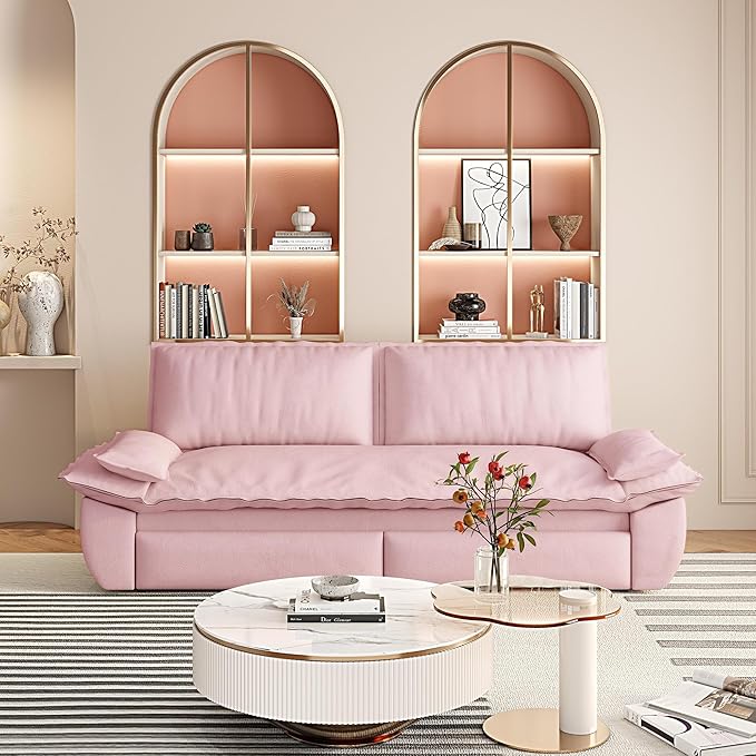73.2" Queen Size Pull Out Sofa Bed, 3-in-1 Convertible Sleeper, Velvet Loveseat for Living Room, Apartment, Bedroom Small Spaces, Pink (Mattress & Bedding Not Included)