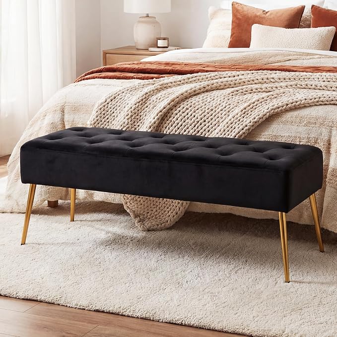 DUHOME Button-Tufted Ottoman Bench, Upholstered Bedroom Benches Velvet Footrest Stool Accent Bench for Entryway Dining Room Living Room Bedroom End of Bed, Black - Image 4