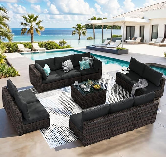 11 Piece Patio Furniture Set All Weather PE Rattan Outdoor Sectional Sofa Couch with No-Slip Cushions and Glass Top Table for Garden, Poolside, Backyard (Black)