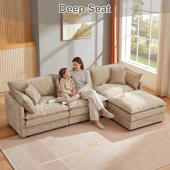 102" Cloud Couch Sectional, Modular Sectional Sofa with Chaise & 4 Removable Washable Pillows, Oversized L-Shaped Couch for Living Room, Modern 3-Seat Cloud Sofa Sectional with Deep Seat, Coffee