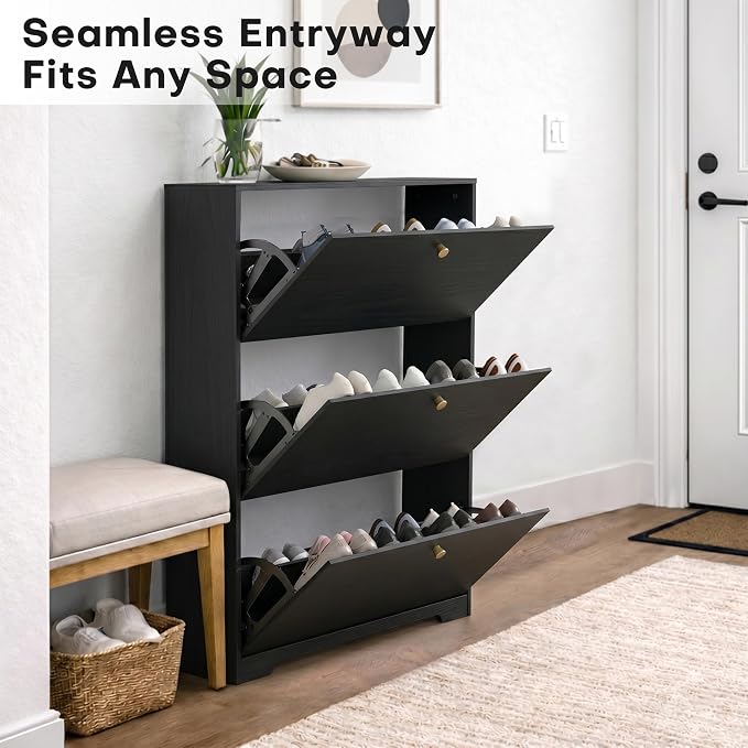 Nicetree Shoe Cabinet with 3 Flip Drawers, Narrow Shoe Organizer Cabinet, Freestanding Shoe Rack Cabinet, Morden Shoe Storage Cabinet for Entryway, Hallway, Foryer, Black with Hook - Image 4