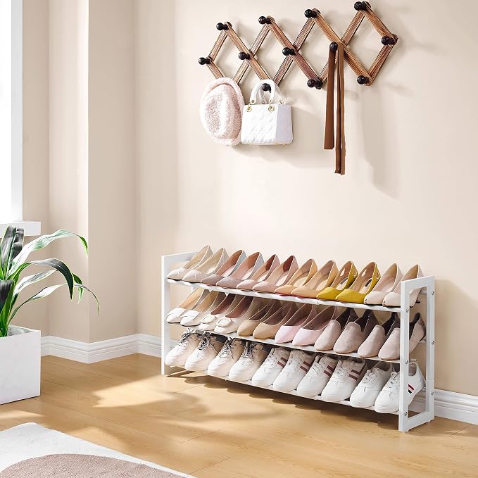 FAVOOSTY 3-Tier Expandable Shoe Rack, Adjustable Shoe Shelf Storage Organizer Space Saving Metal Free Standing Shoe Rack for Entryway Closet Doorway, White - Image 2