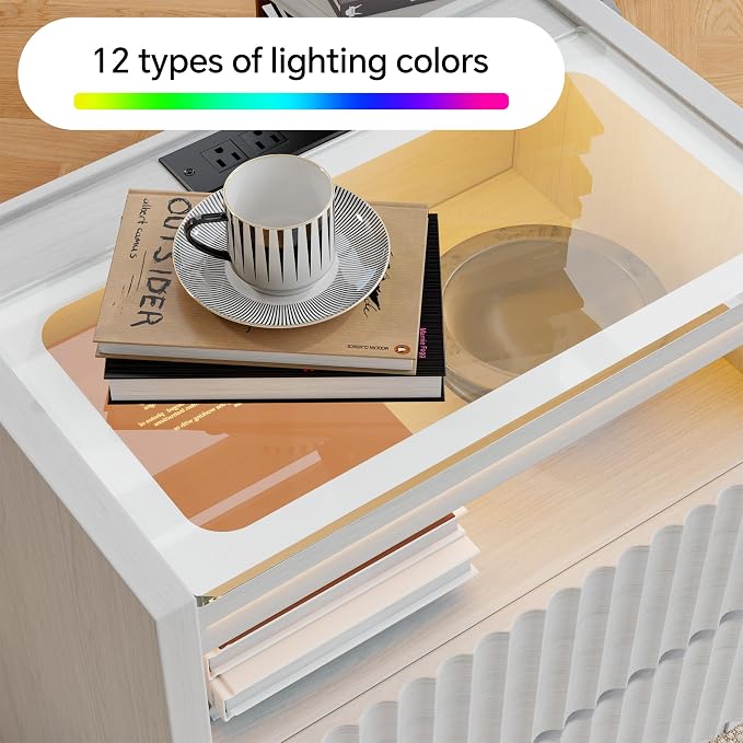NightStand with Charging Station,with LED Lights and Tempered Glass Panel,Modern Bedside Tablewith 2 Fluted Drawers and Open Shelf,Hidden Handles End Table,Bedroom of Nightstand(White Oak) - Image 4