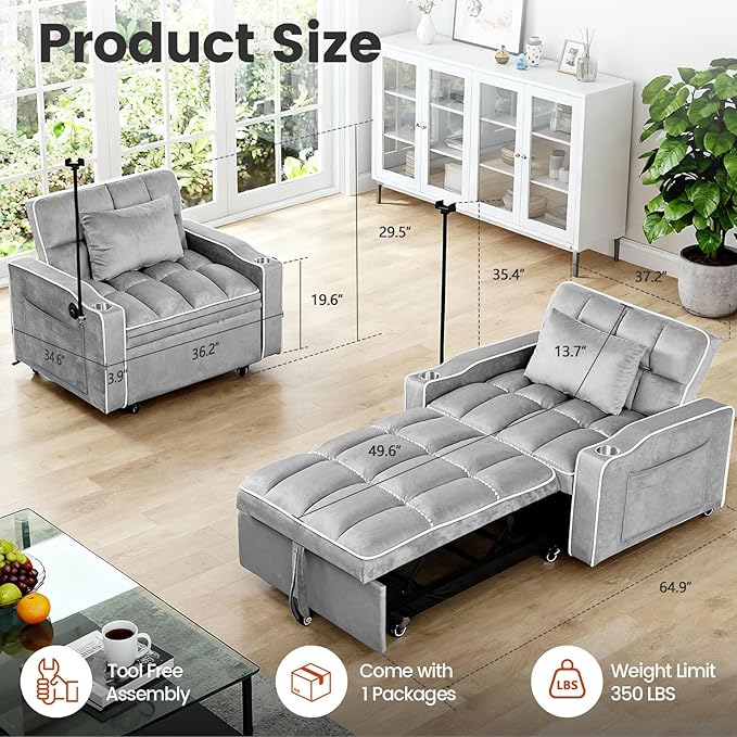 Convertible Sleeper Chair, Pull Out Chair Sleeper with Bracket and Cup Holder, Chairs Bed Sleepers for Adults, 3 in 1 Sofa Bed Chairs for Small Spaces, Living Room, Light Gray