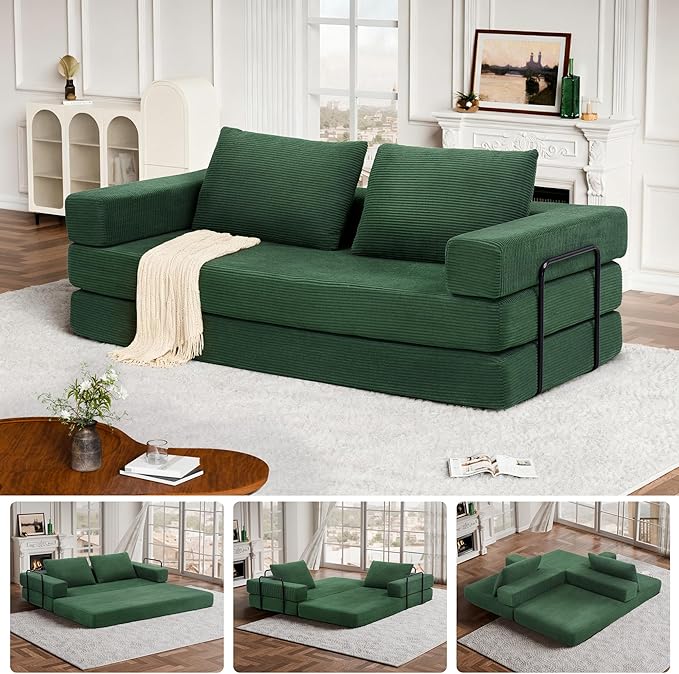 Convertible Sofa Bed, 4-in-1 DIY Combination Modular Couch with Pillows, Comfy Boneless Sleeper Sofa Bed with Fixed-Shape Frame, Corduroy Convertible Lounge Couch for Living Room, Green