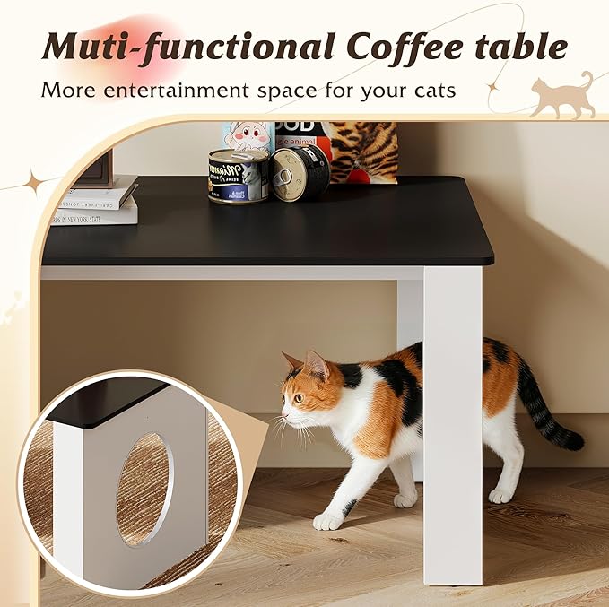 WLIVE Coffee Table, 2-in-1 Cat Wood Coffee Table with Lagre Storage Tabletop, Modern Center Table Cat House with Cat Scratching Pad, Cat Teaser for Living Room, Balcony, Black