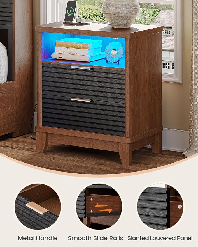 AOGLLATI Fluted Nightstand with Charging Station and 2 Drawers, Black Nightstand, Beside Table with Open Storage and Led Lights, Retro End Side Table for Bedroom, Black - Image 5