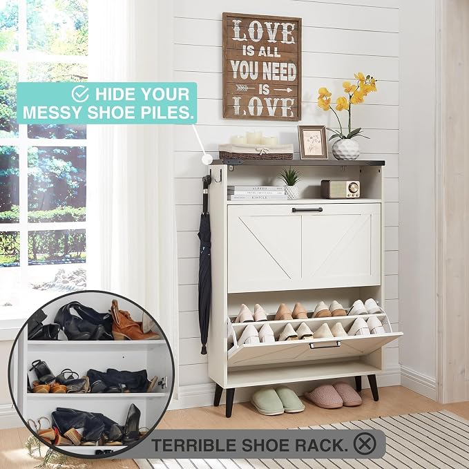 Barnyatoh Shoe Storage Cabinet,Farmhouse Shoe Organizer with 2 Flip Drawers & Barn Door Design,Freestanding Hidden Slim Narrow Shoe Rack Cabinet with Open Storage for Entryway, Foyer,Antique White - Image 3
